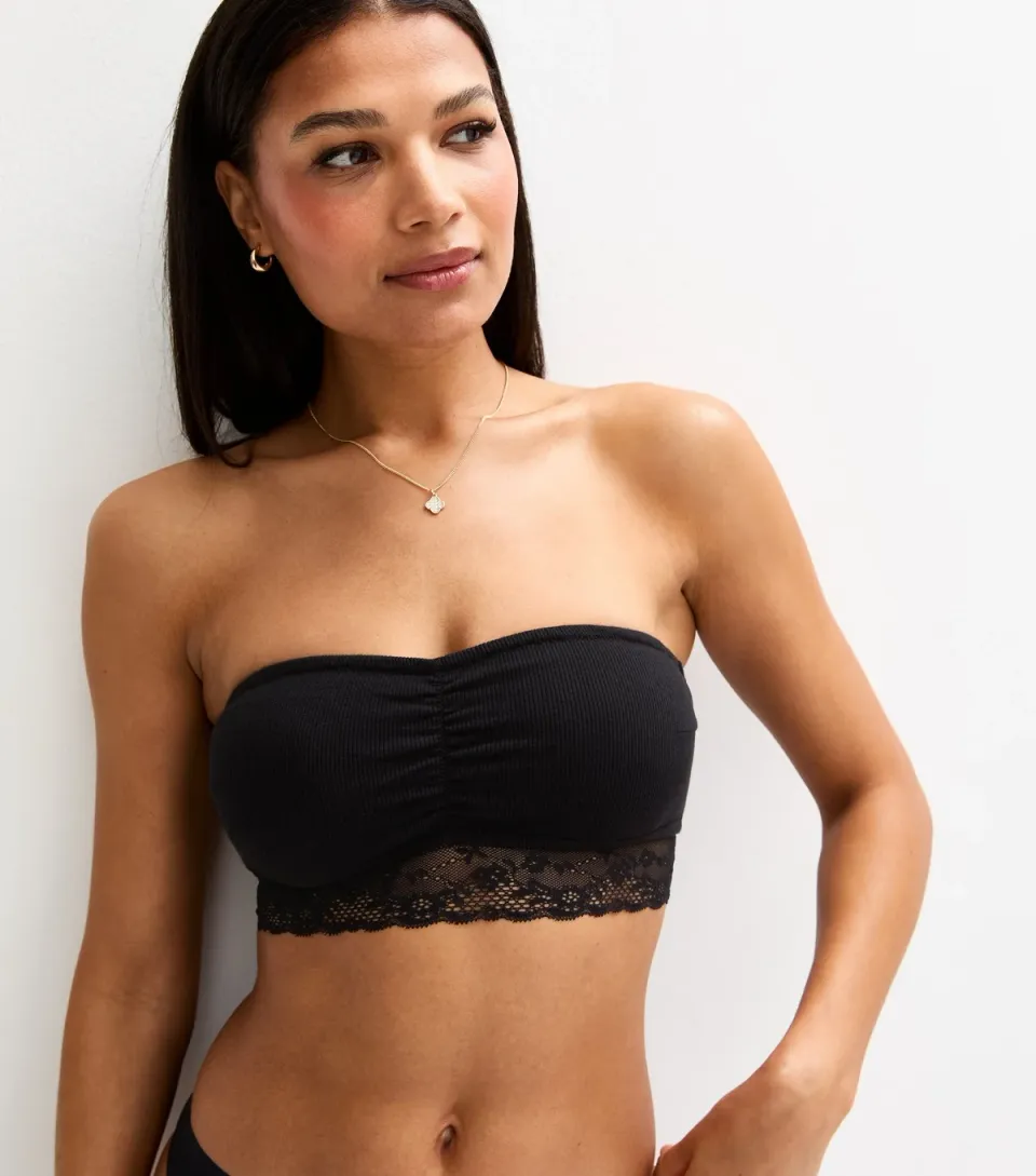 Women's Black Ribbed Jersey Lace Trim Bandeau