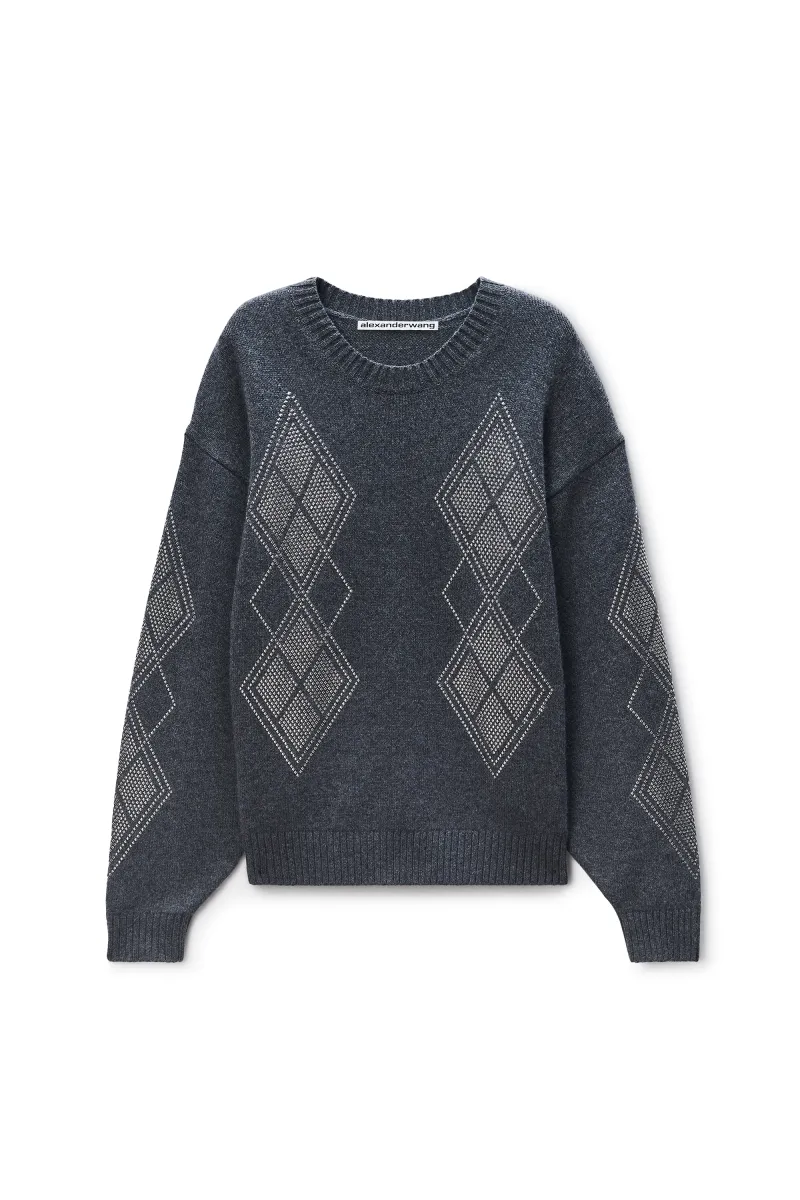 Studded Argyle Crewneck Pullover