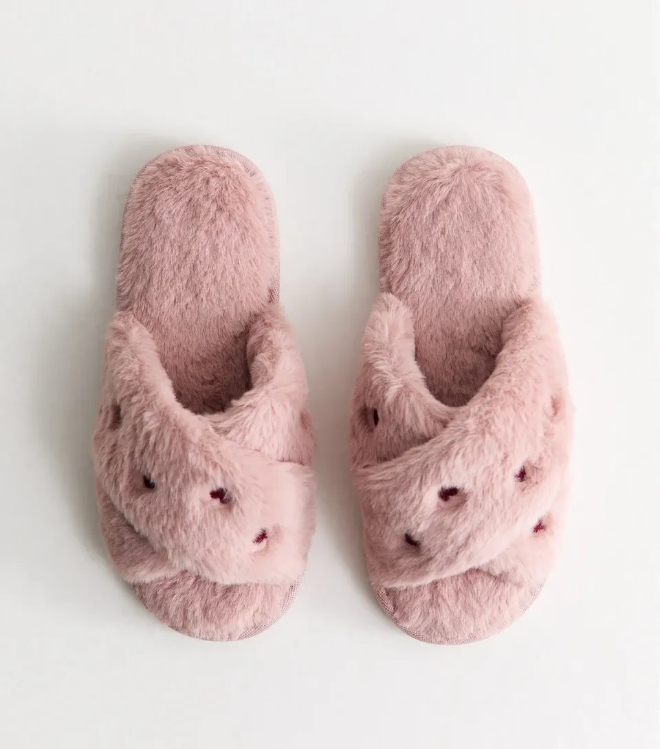 Women's Light Pink Fluffy Embroidered Heart Slide Slippers Vegan