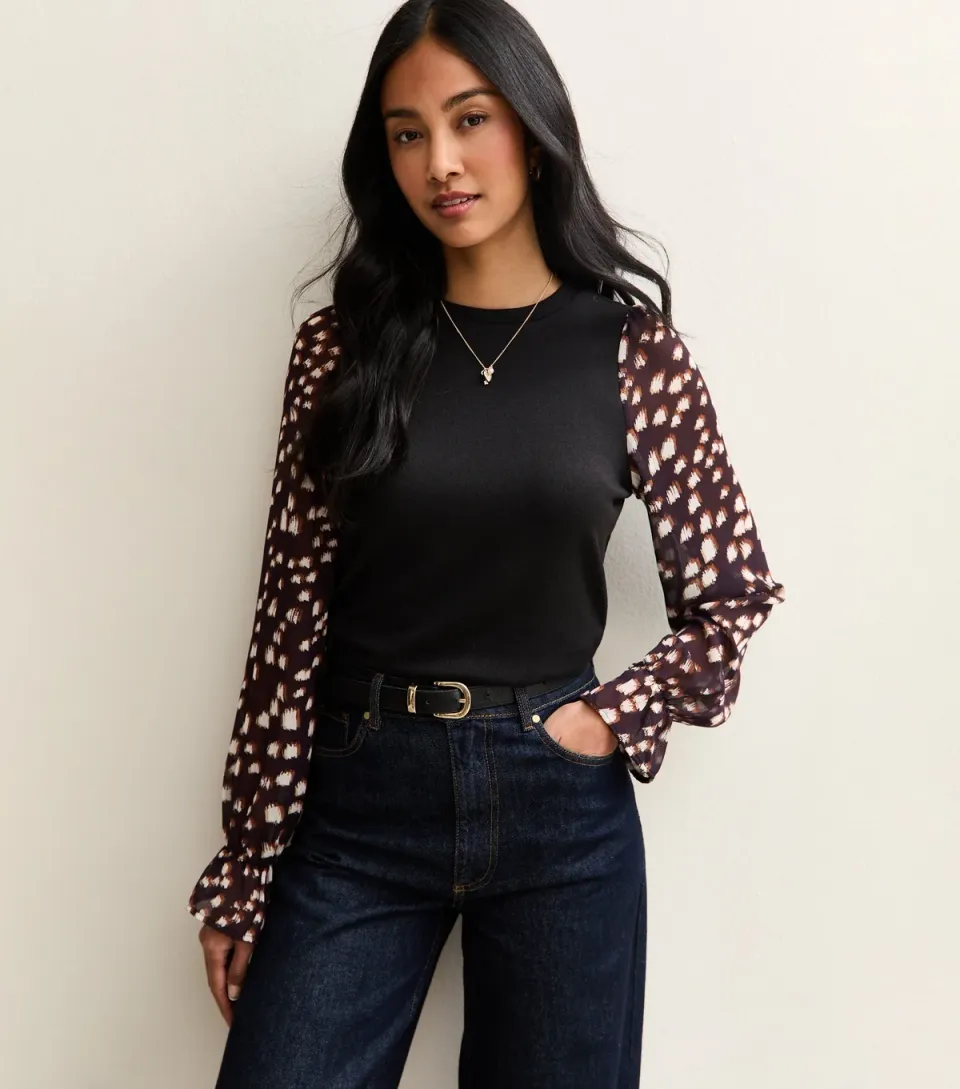 Women's Black Chiffon Sleeve Jersey Top