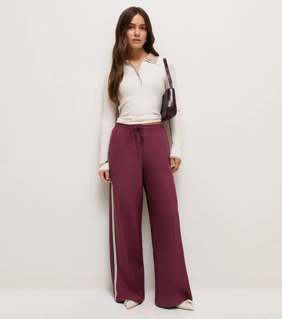 Women's Petite Dark Burgundy Side Stripe Wide Leg Trousers