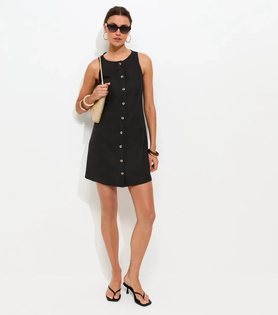 Women's Black Linen Blend Button Through Mini Dress