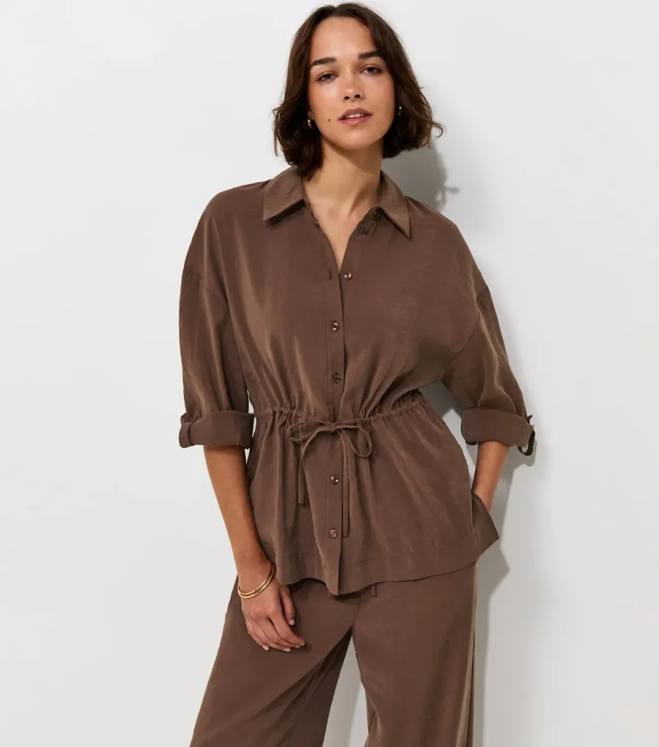 Women's Brown Drawstring Waist Cropped Sleeve Shirt