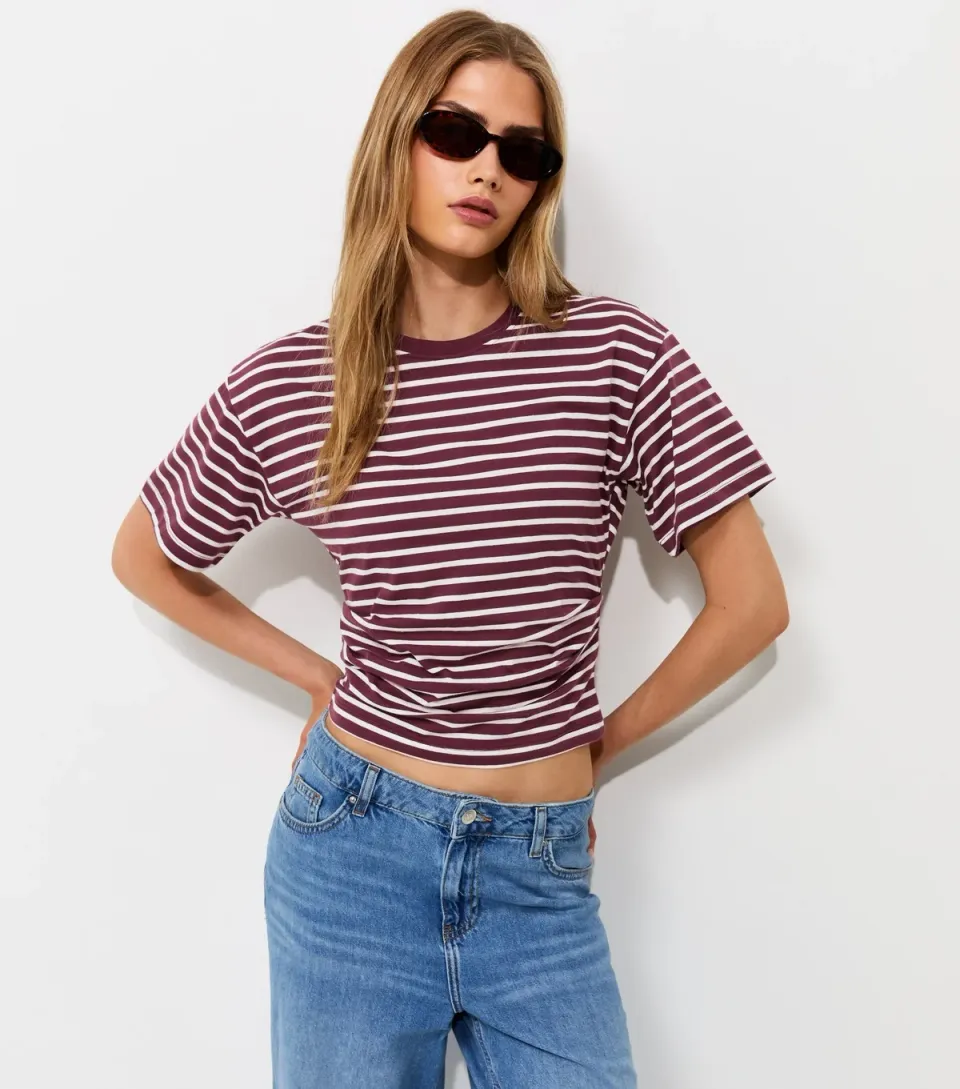 Women's Red Striped Ruched Waist Crew Neck T-Shirt