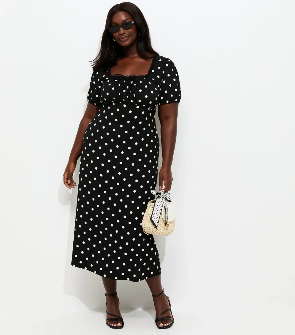 Women's Plus Size Black Spot Print Milkmaid Midi Dress Curves