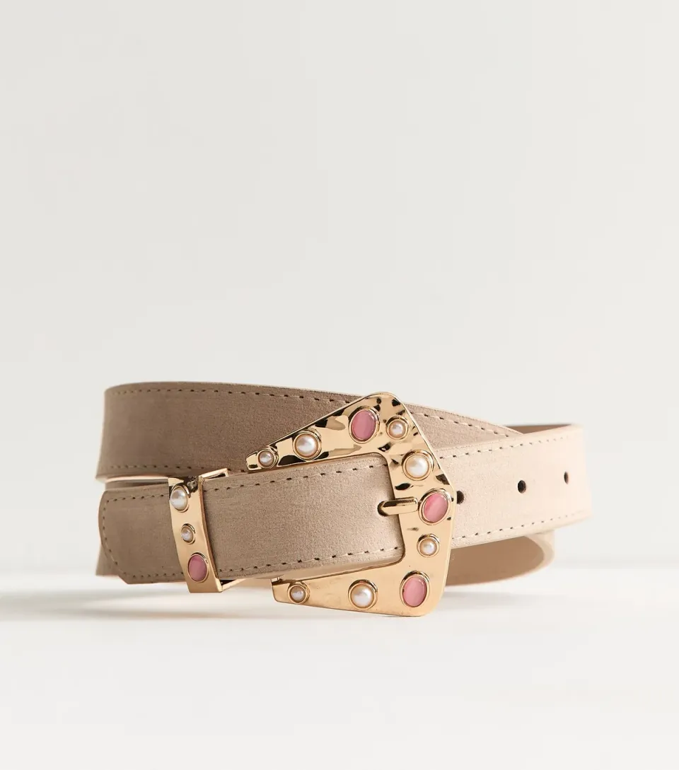 Stone Faux Suede Embellished Buckle Belt Vegan
