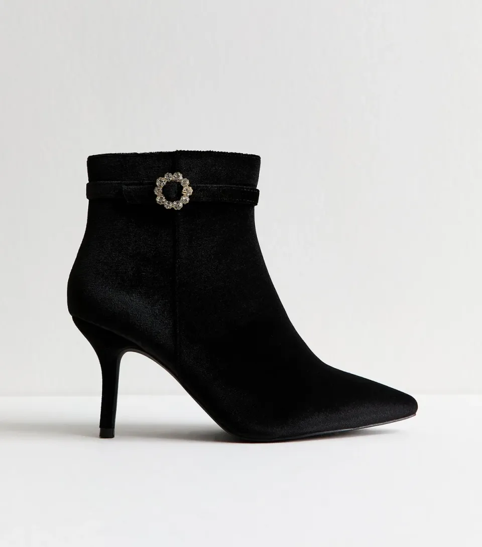 Women's Wide Fit Black Velvet Diamante Buckle Ankle Boots Vegan
