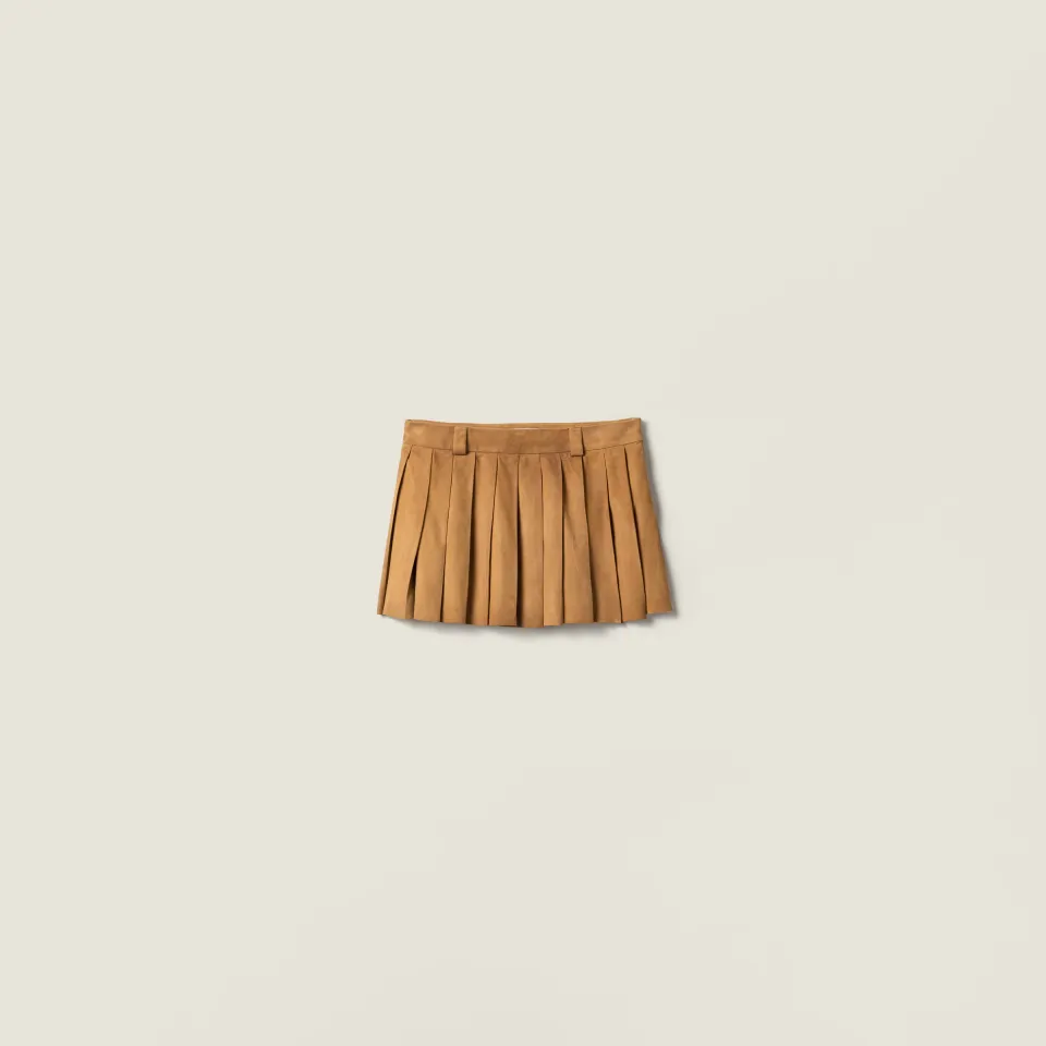 Pleated waxed suede mini-skirt