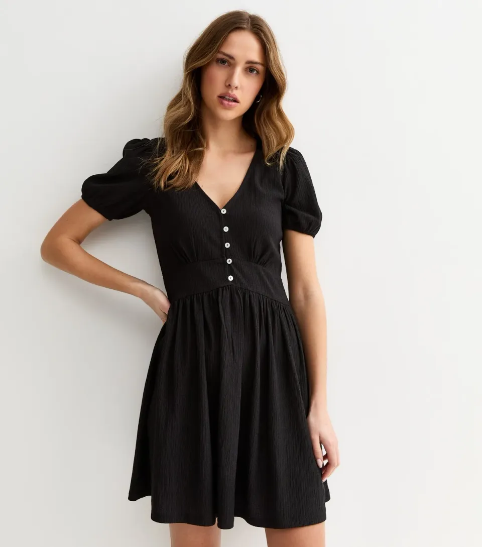 Women's Black Button Through Crinkled Mini Dress
