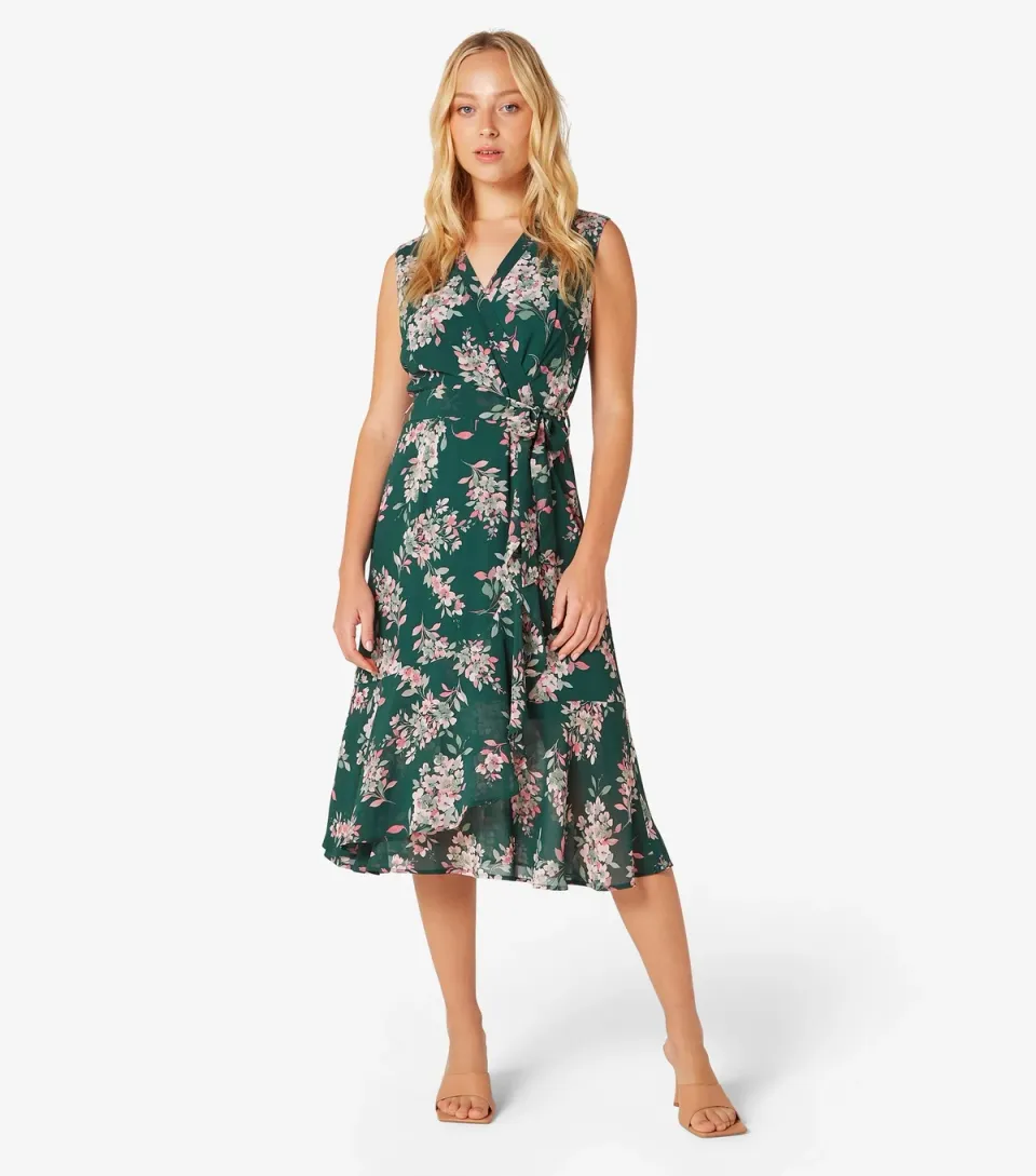 Women's Green Floral-Print Midi Wrap Dress