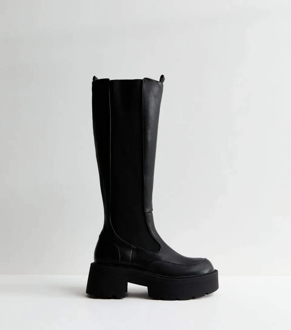Women's Black Evergreen Faux Leather Platform Knee High Boots
