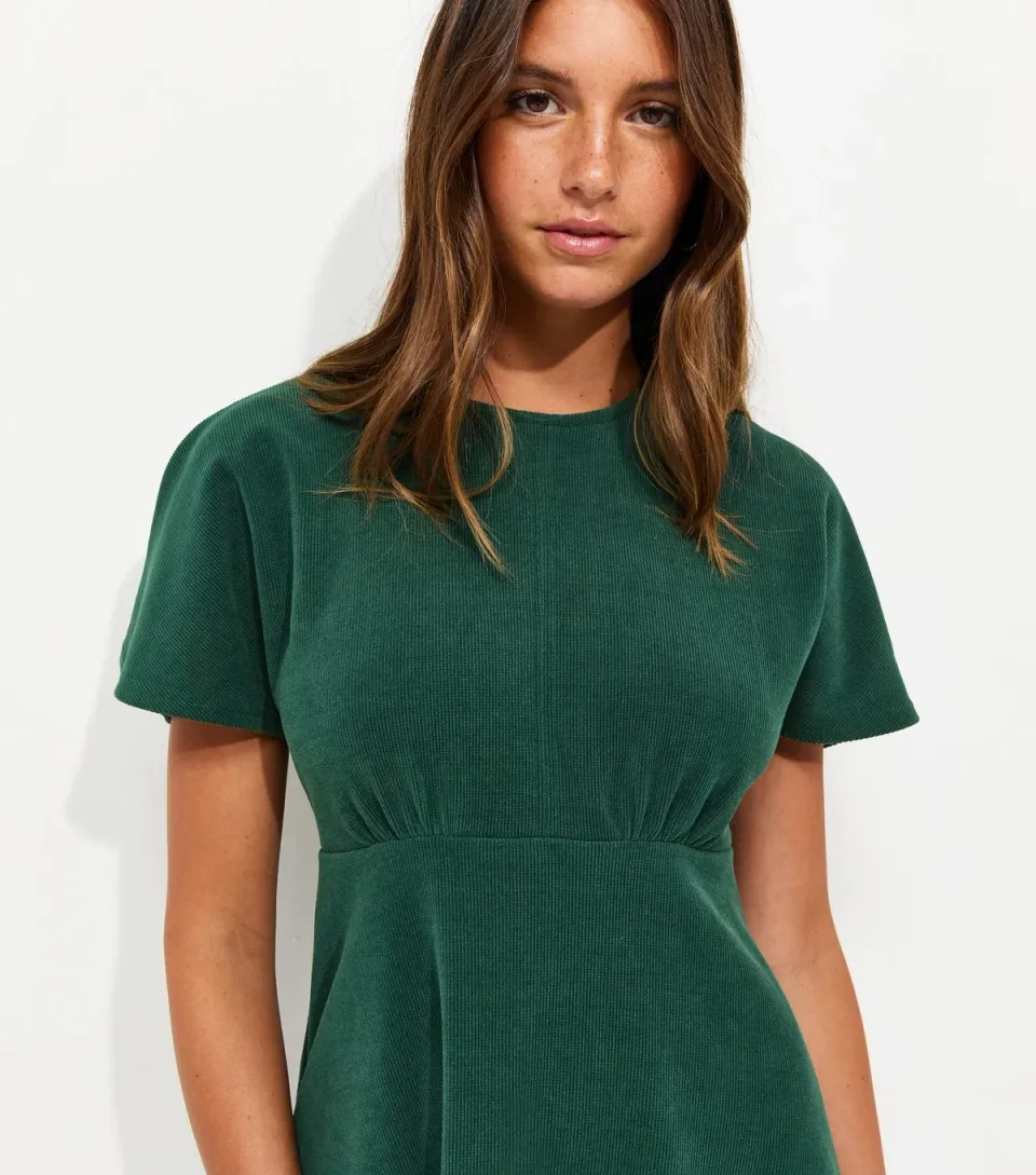 Women's Dark Green Corduroy Batwing Sleeve Mini Dress