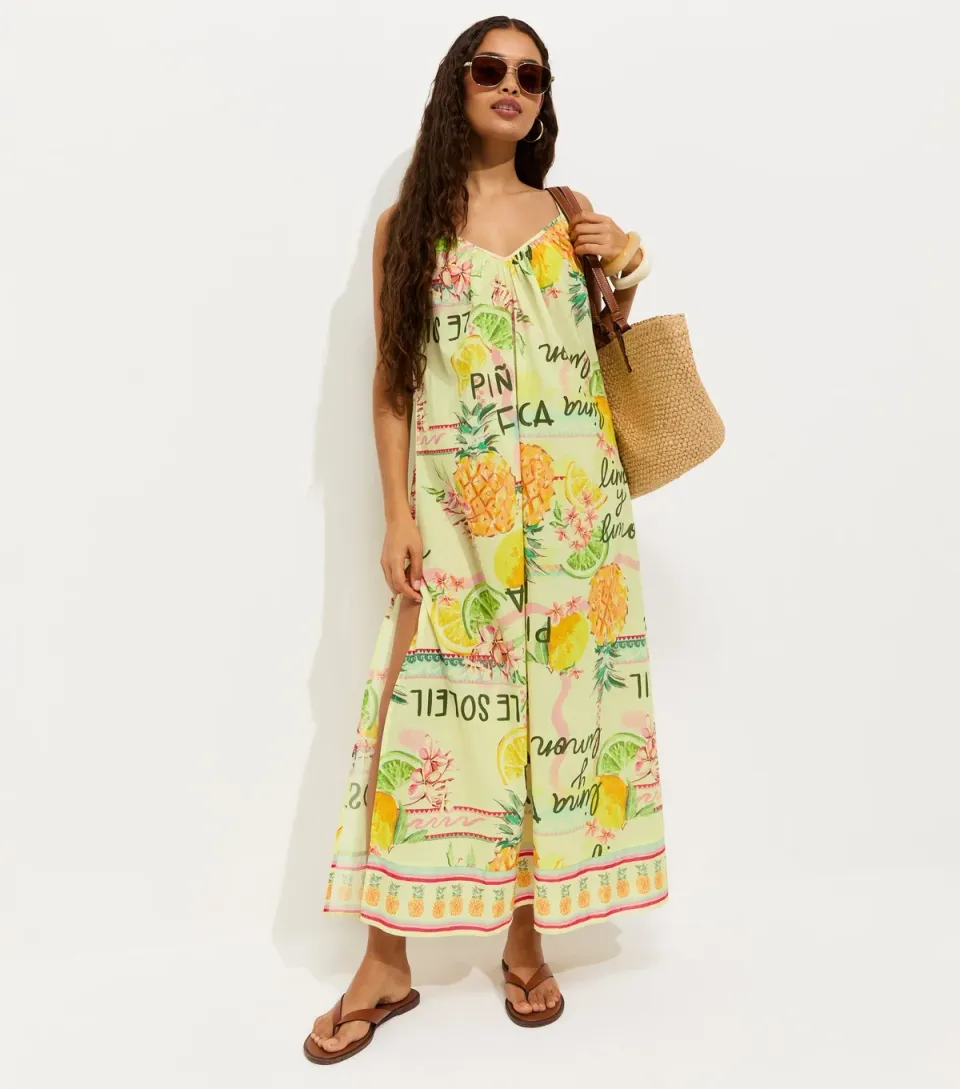 Women's Petite Yellow Pineapple Print Beach Maxi Dress