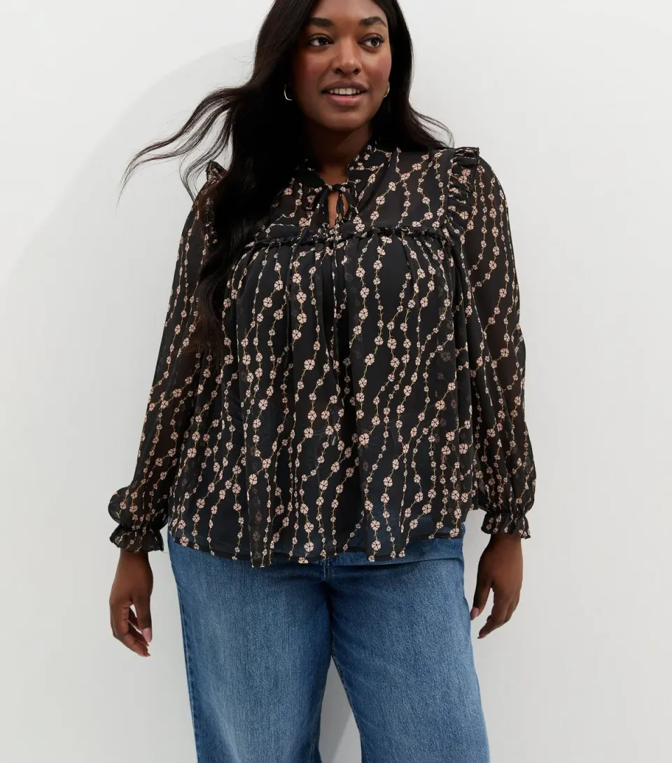 Women's Plus Size Black Floral Chiffon Tie Neck Blouse Curves