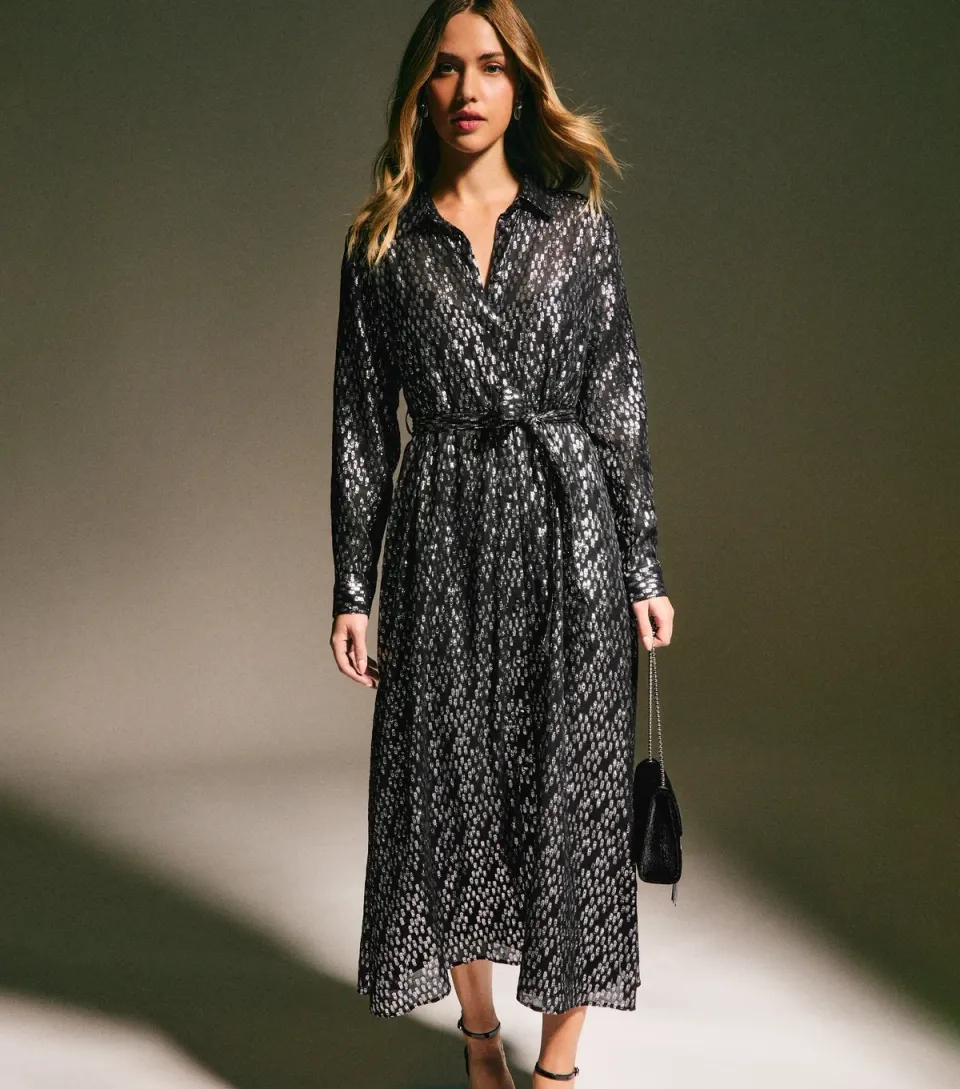 Women's Black Abstract Metallic Pattern Midi Shirt Dress