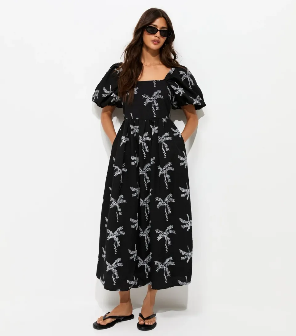 Women's Green Embroidered Palm Tree Puff Sleeve Midi Dress