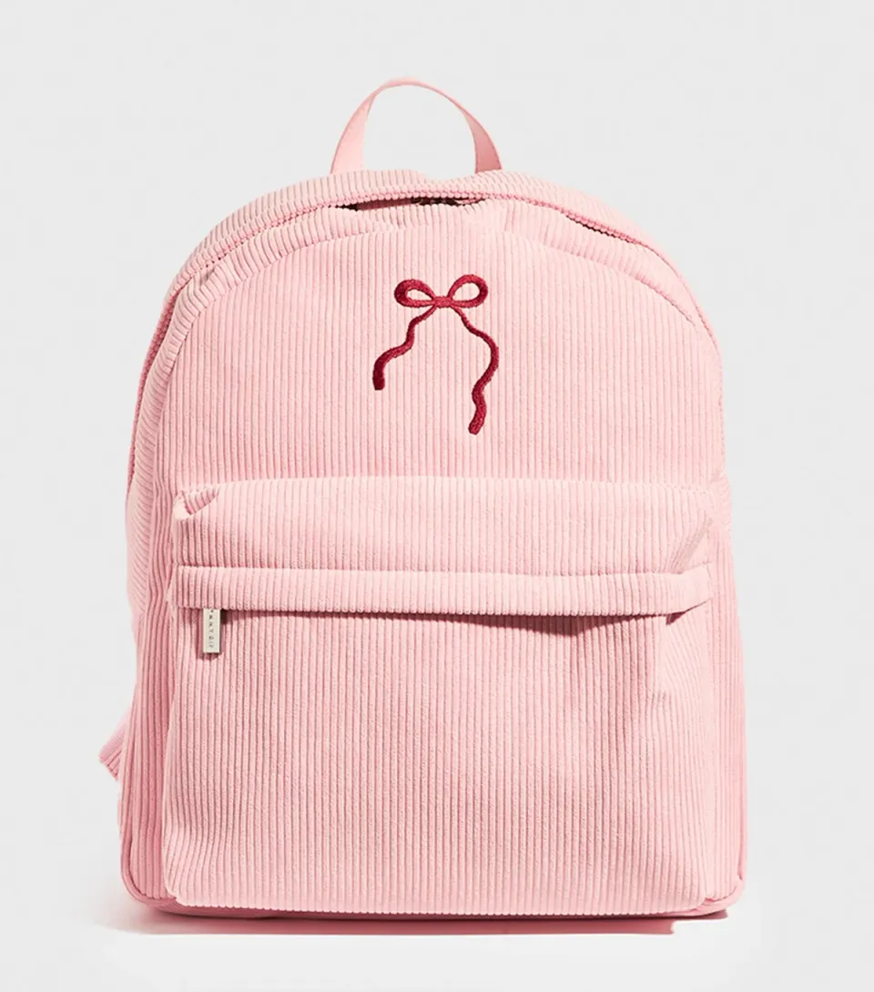 Pink Bow Embroidered Corduroy Backpack