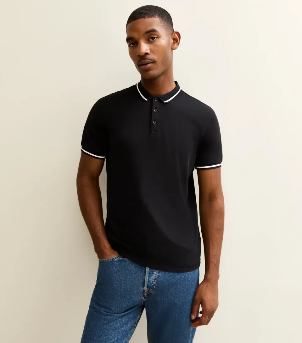 Men's Black Regular Contrast Tipping Pique Polo Top