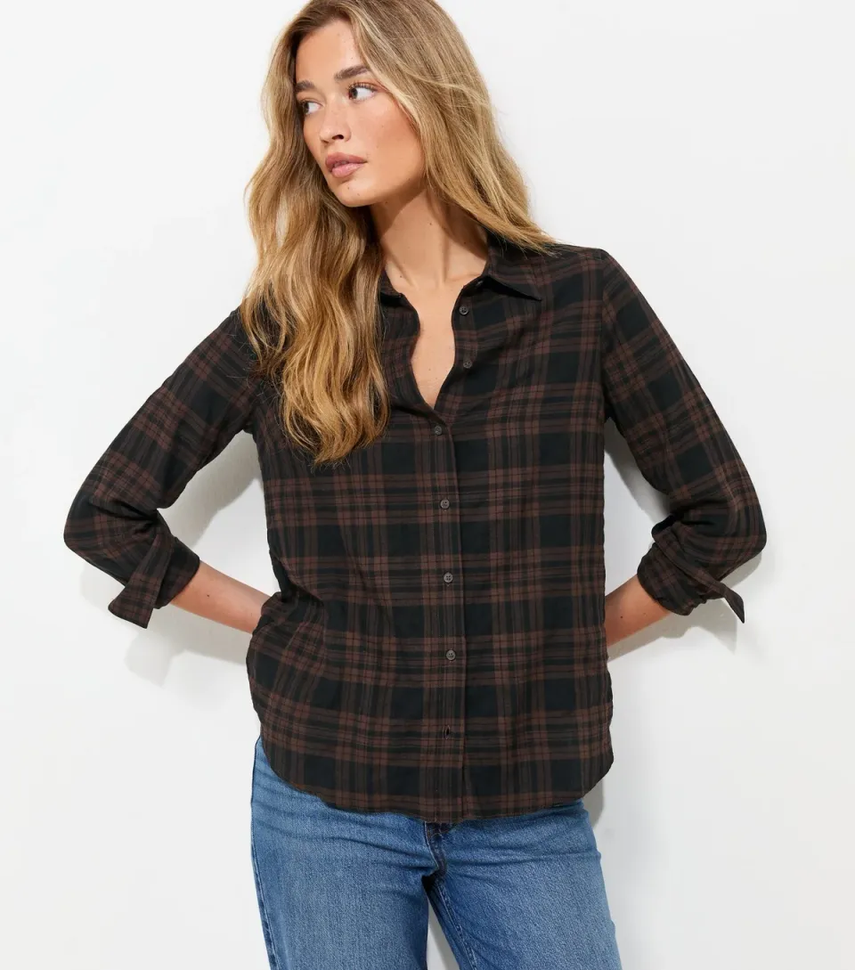 Women's Tall Brown Cotton Rich Checked Long Sleeve Shirt