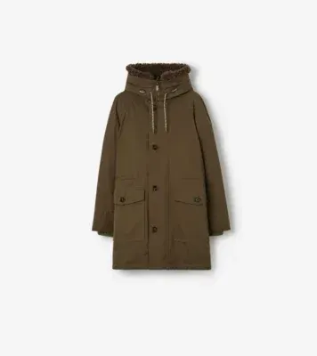 Shearling Trim Gabardine Parka in Juniper green