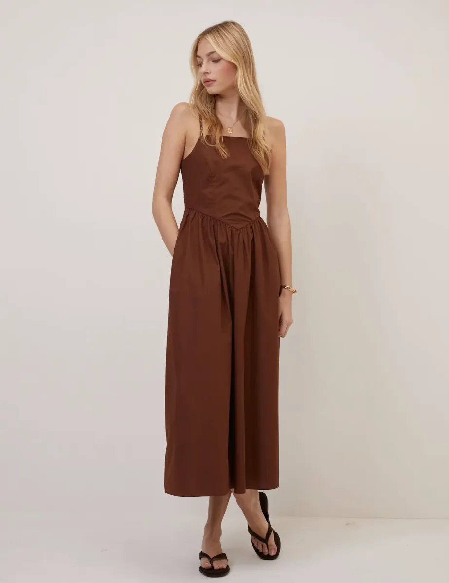 Pure Cotton Strappy Midi Waisted Dress Brown