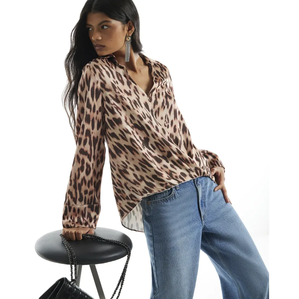 Animal Print Wrap Front Blouse