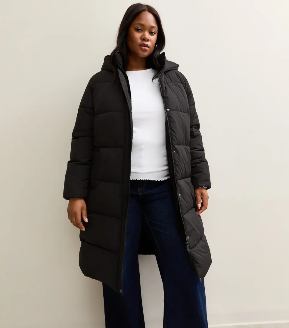Women's Plus Size Black Longline Tiered Puffer Jacket Curves