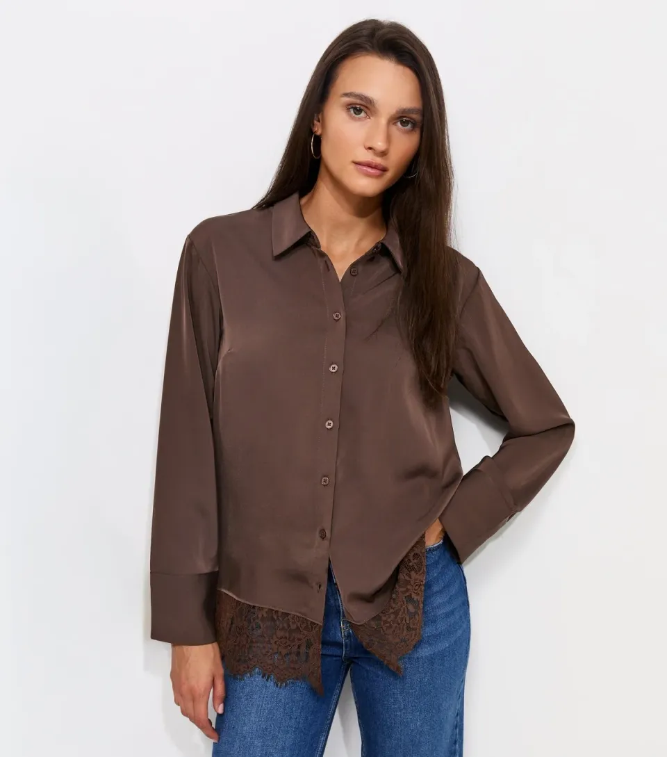 Women's Dark Brown Lace Trim Longline Shirt