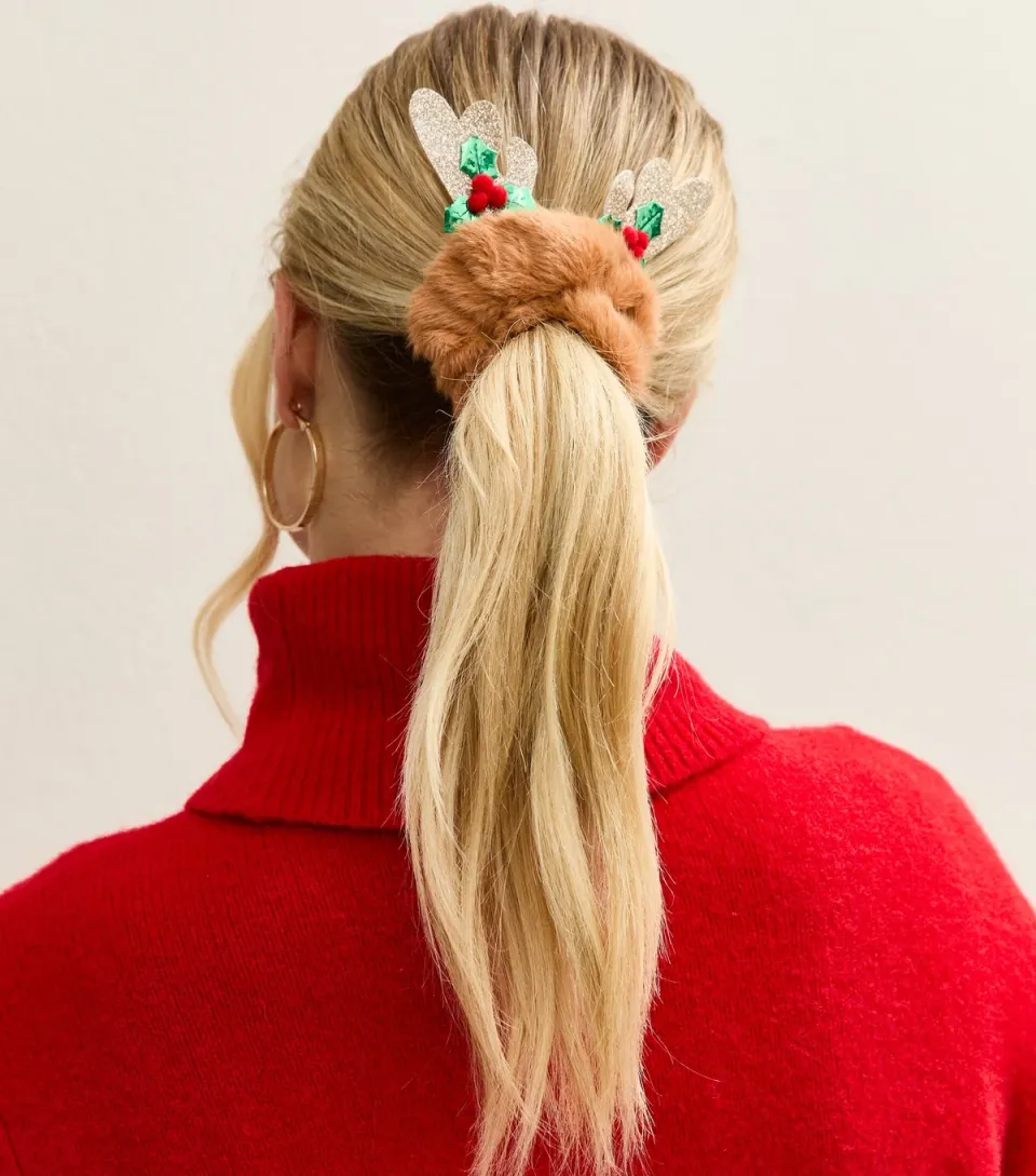 Light Brown Christmas Faux Fur Reindeer Scrunchie