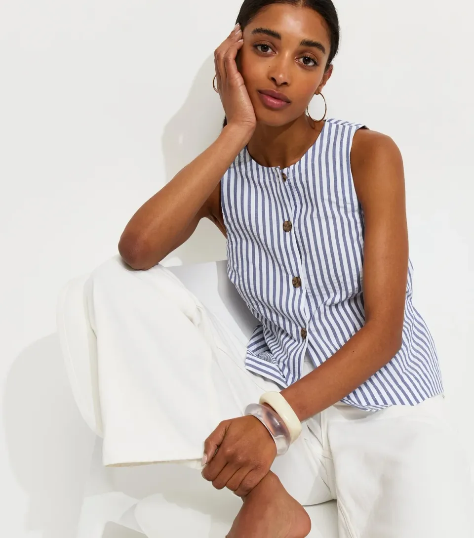 Women's Blue Cotton Stripe Button Shell Waistcoat