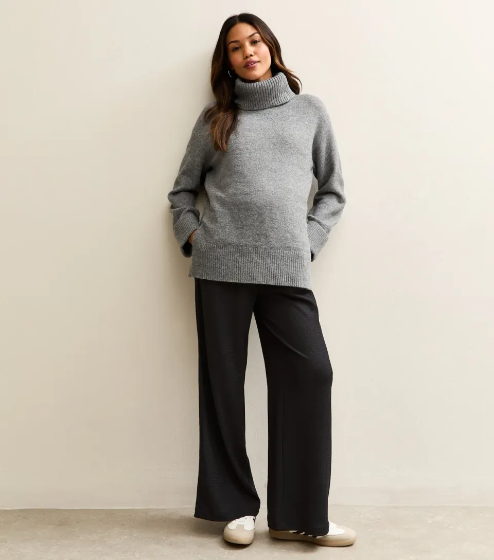 Women's Maternity Black Crinkled Wide Leg Trousers