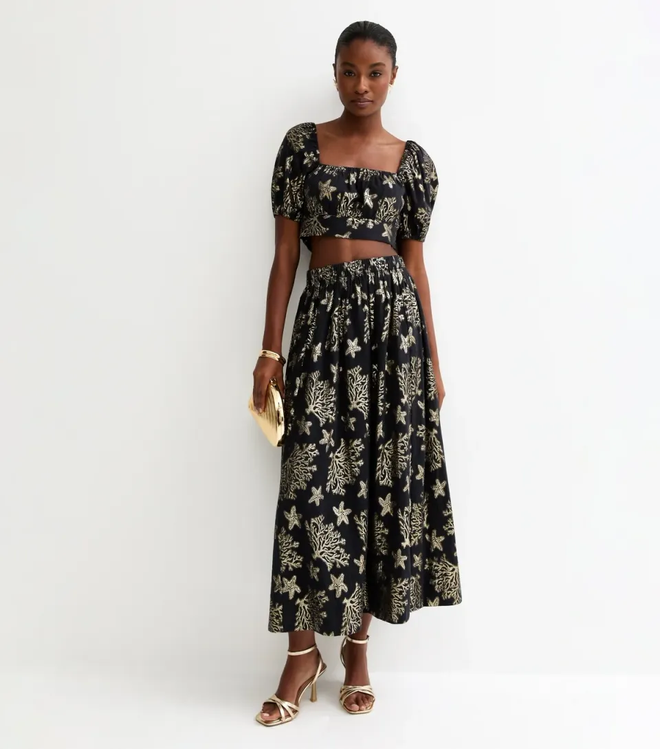 Women's Black Foiled Starfish Tiered Midi Skirt