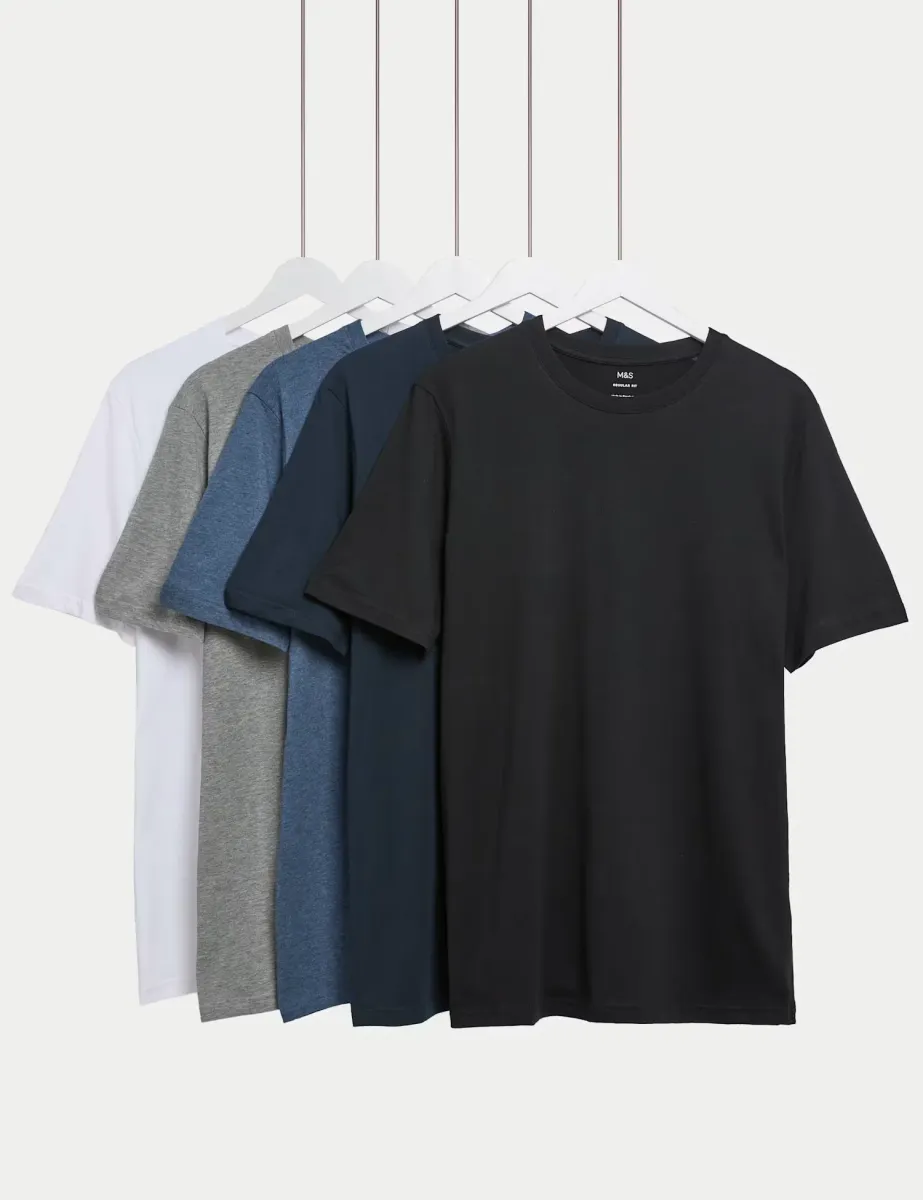5 Pack Pure Cotton Crew Neck T-Shirts Denim Mix