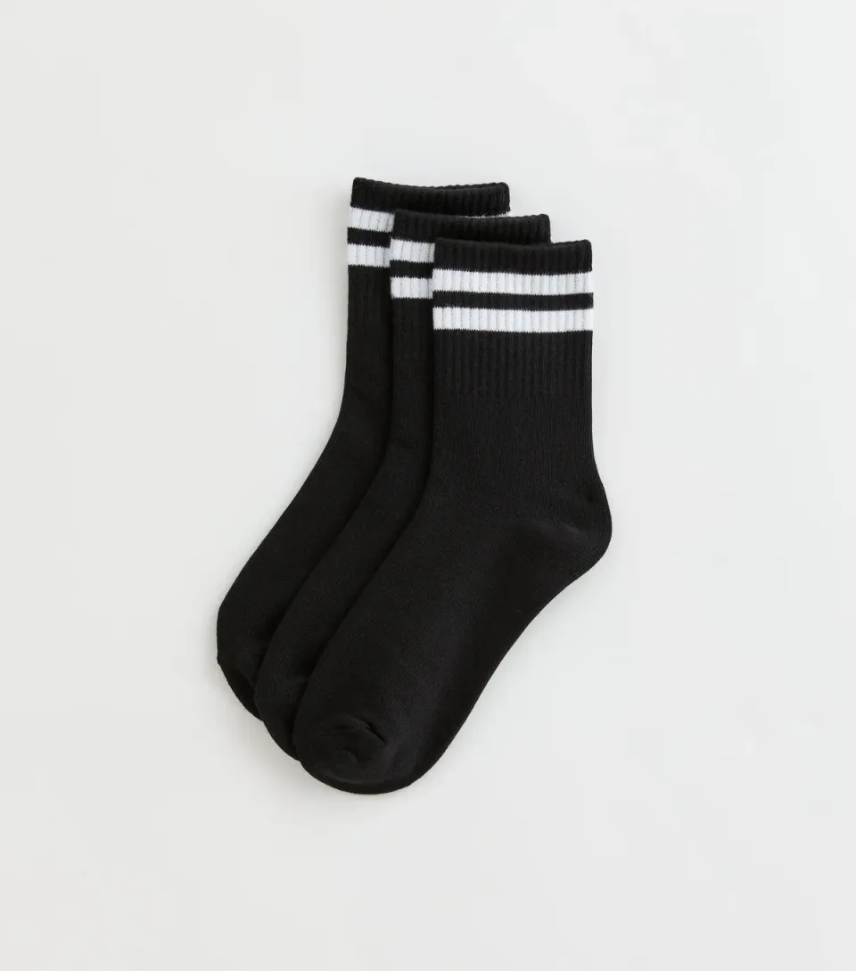Pack of 3 Black Contrast Stripe Ribbed Tube Ankle Socks