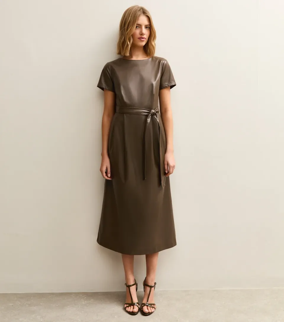 Women's Dark Brown Faux Leather Belted Midi Dress