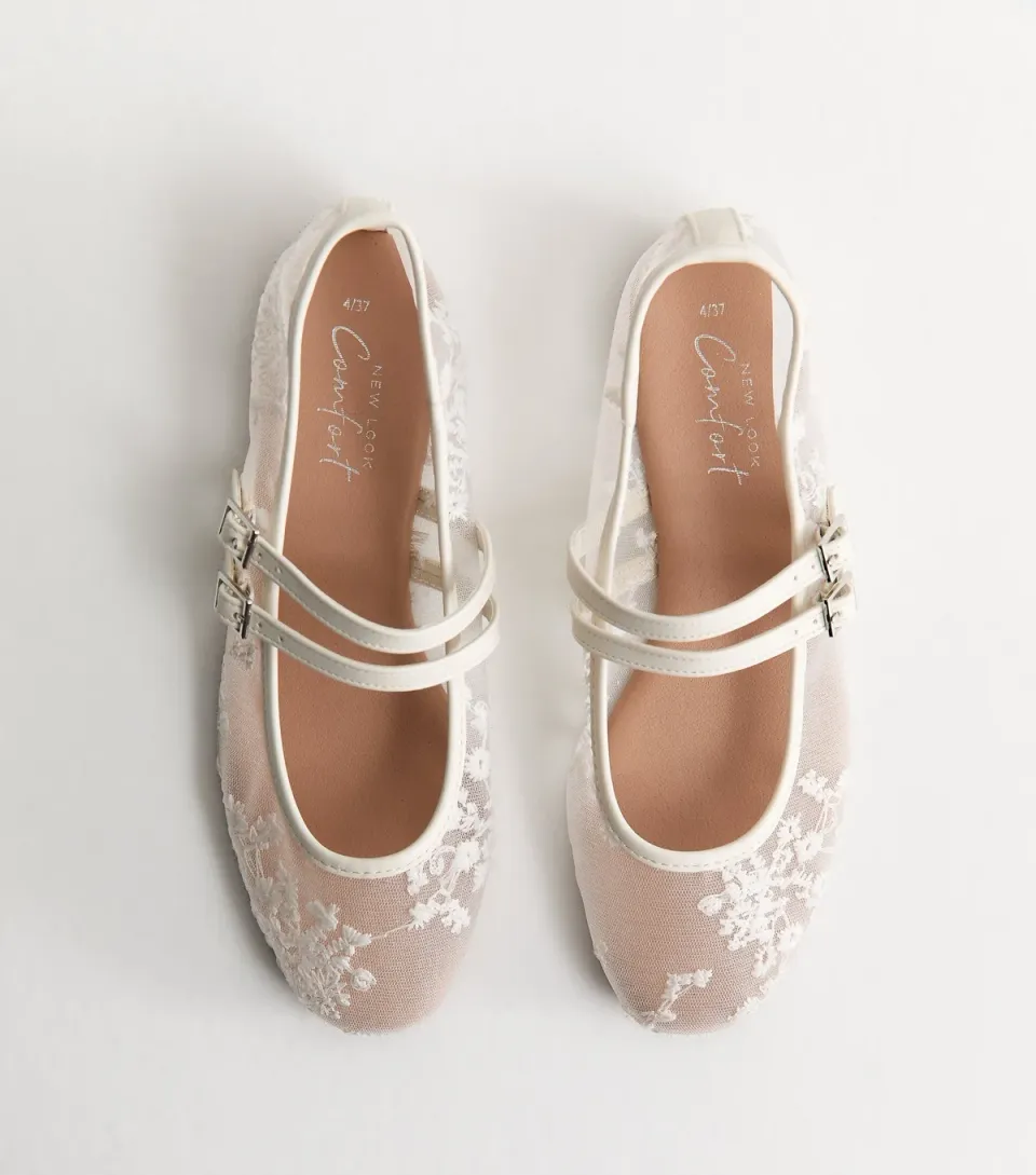 Women's White Floral Mesh Double Strap Mary Jane Pumps Vegan