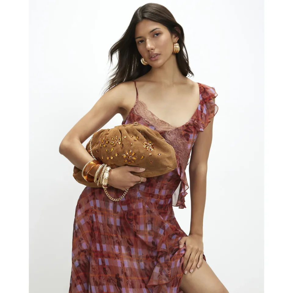 Suede Embellished Ruched Clutch Bag