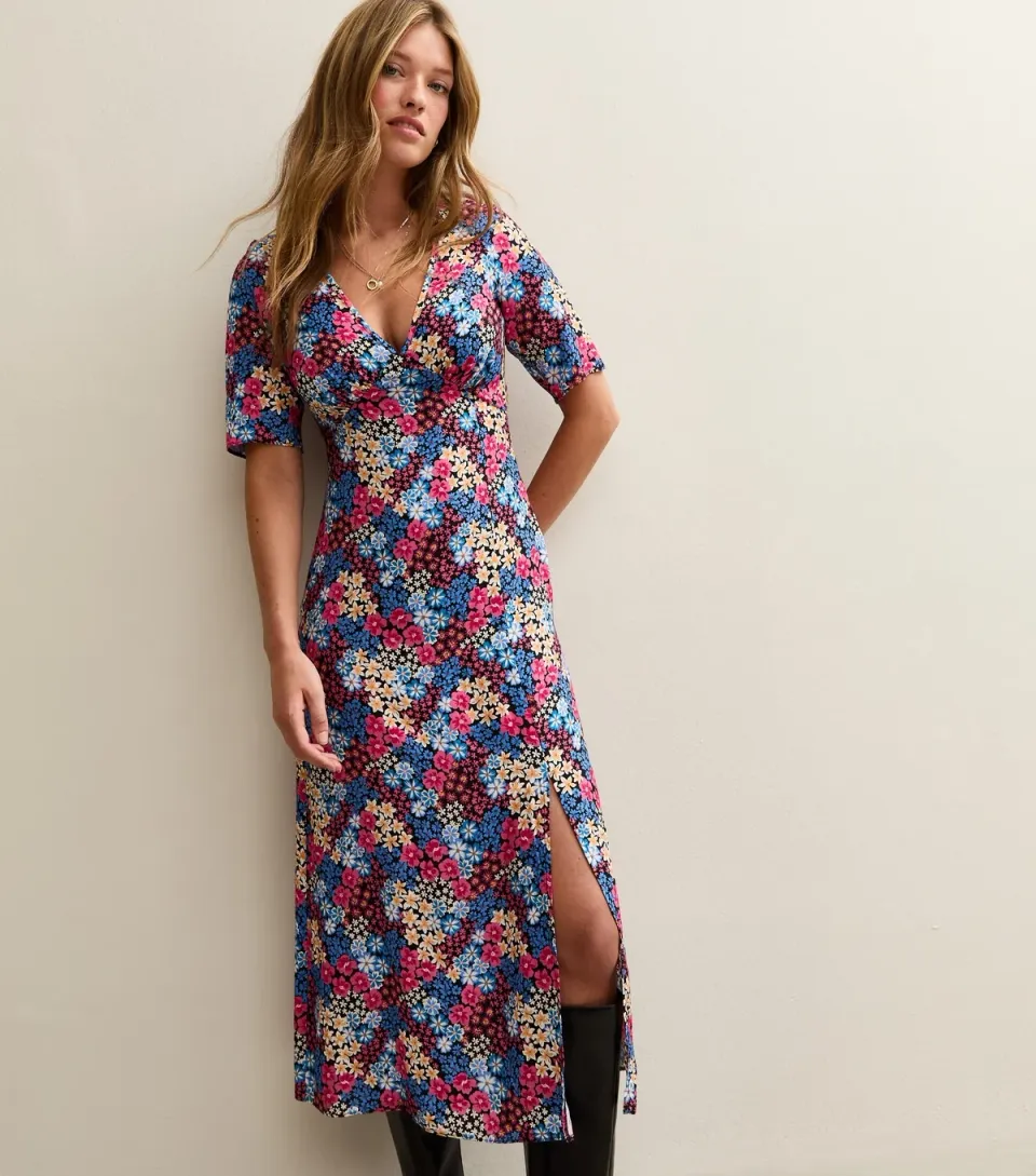 Women's Blue Floral Print Slit Hem Midi Dress