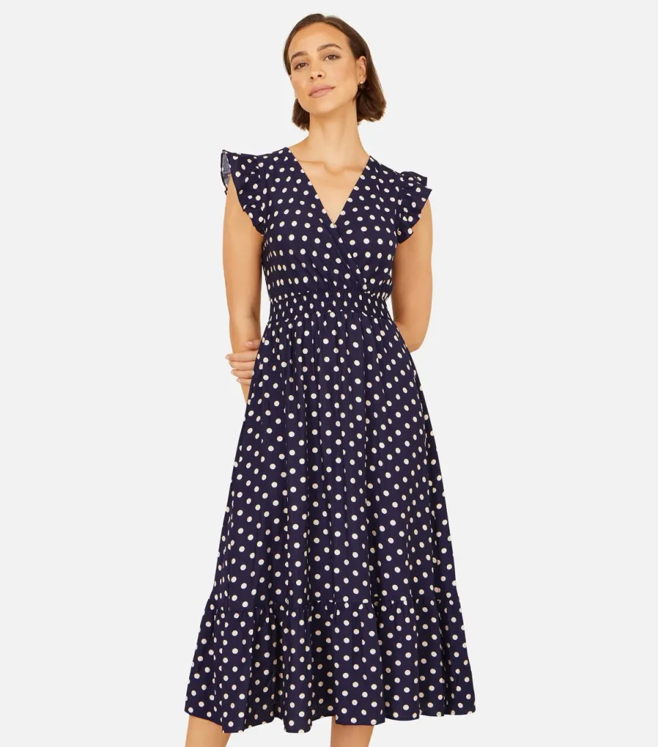 Women's Navy Spot Print Ruched Midi Dress