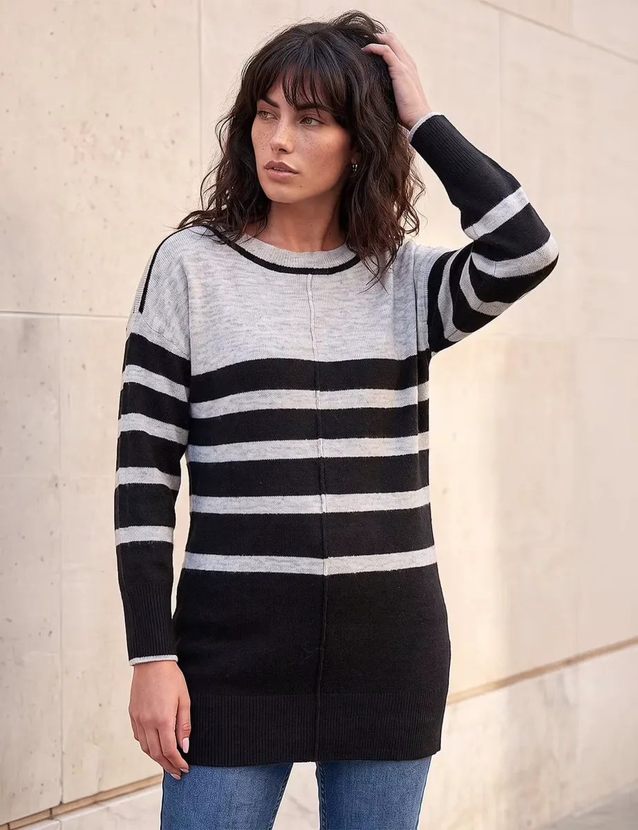 Longline Stripe Tunic Jumper Black Mix