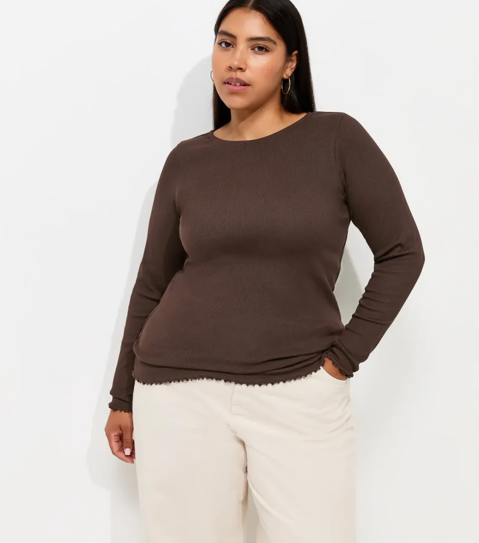 Women's Plus Size Dark Brown Cotton Rich Long Sleeve Babylock Top Curves