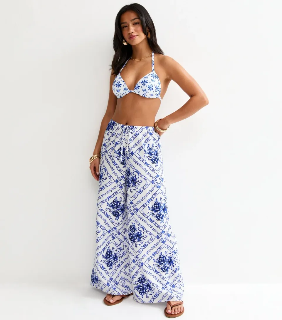 Women's Petite Blue Floral Beach Wide Leg Trousers