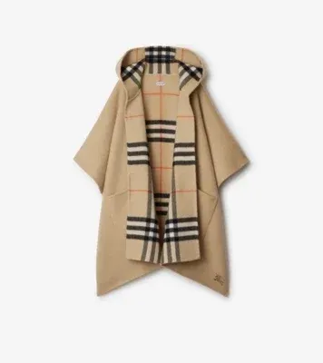 Reversible Check Cashmere Hooded Cape in Sand beige