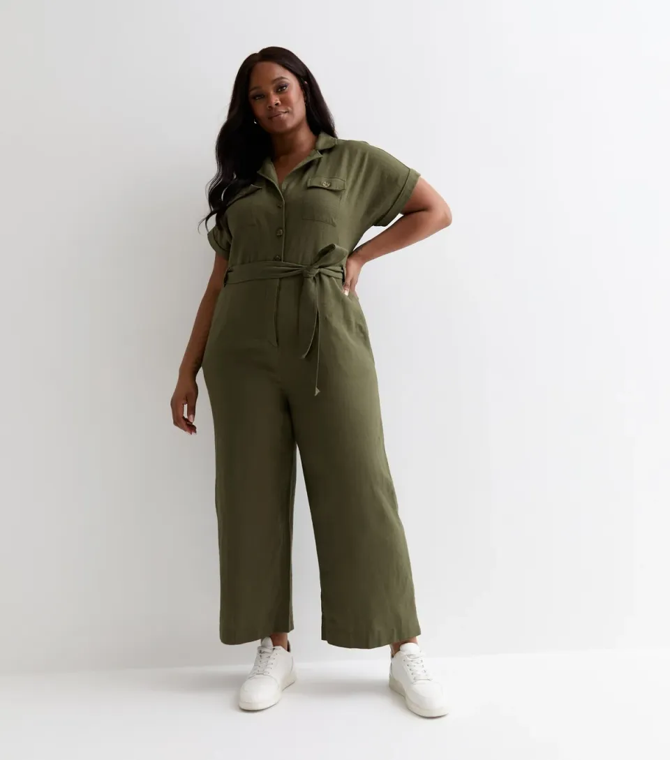 Women's Plus Size Khaki Cotton Belted Utility Jumpsuit Curves