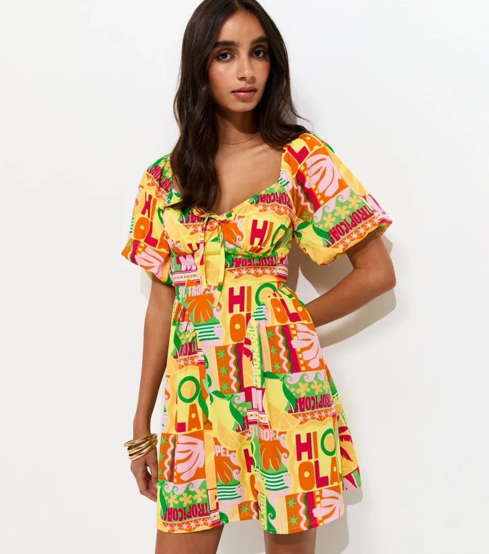 Women's Yellow St Tropez Print Puff Sleeve Mini Dress