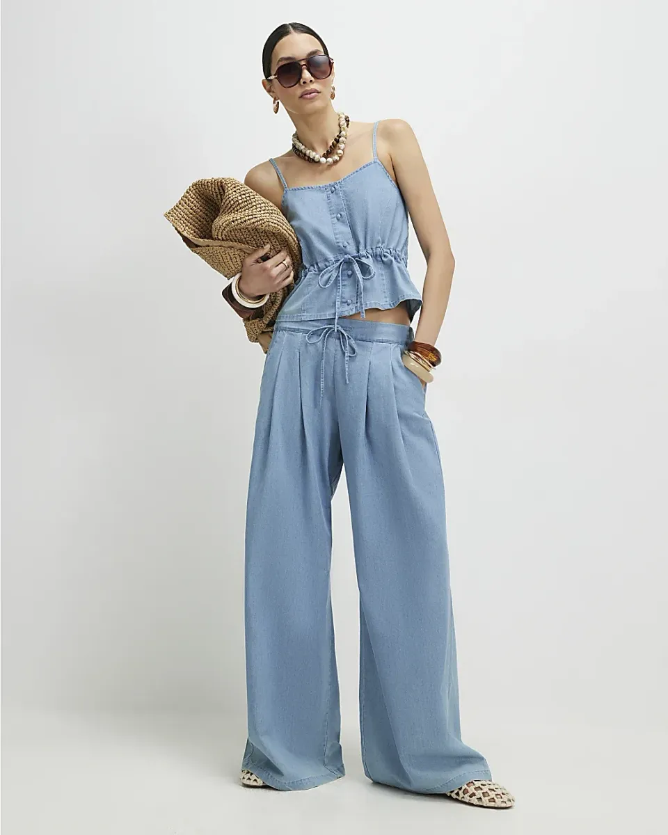 Denim Look Drawstring Wide Leg Trousers