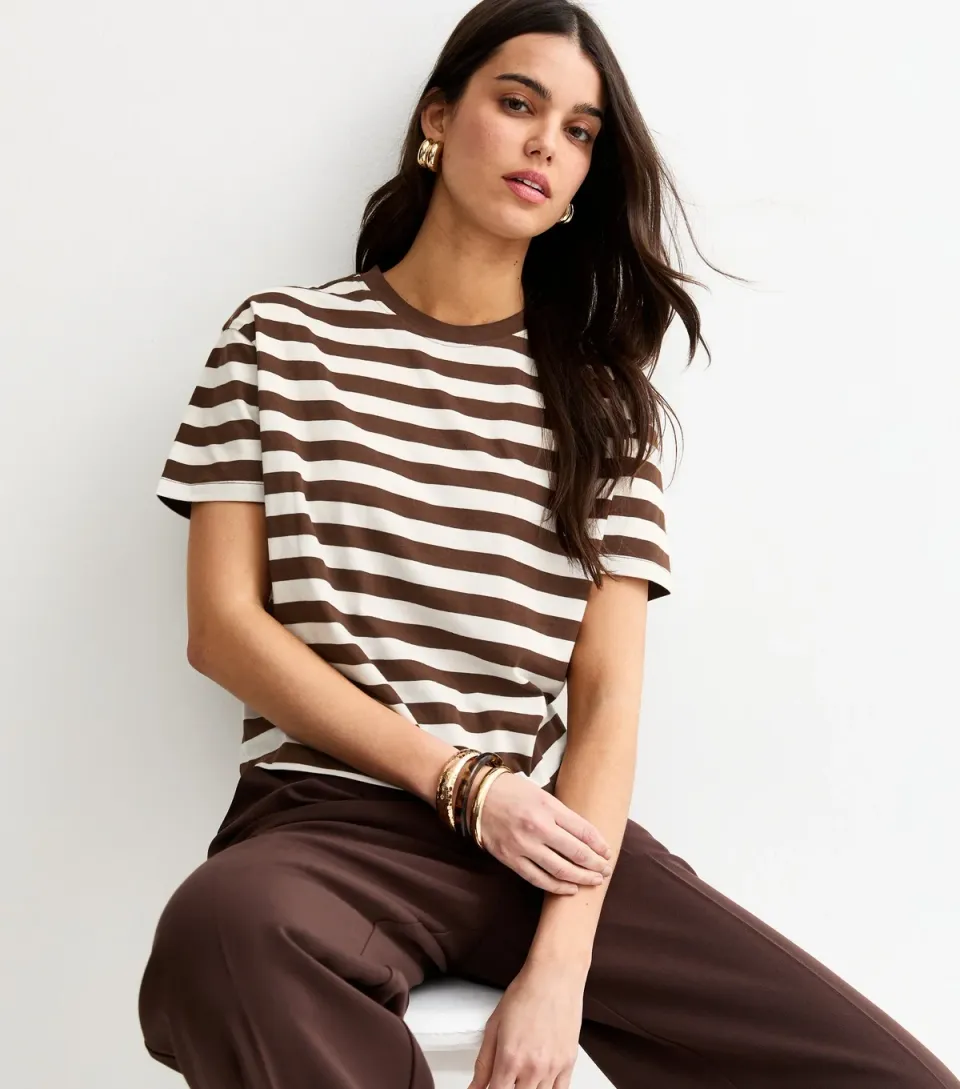 Women's Brown Cotton Striped Boxy T-Shirt