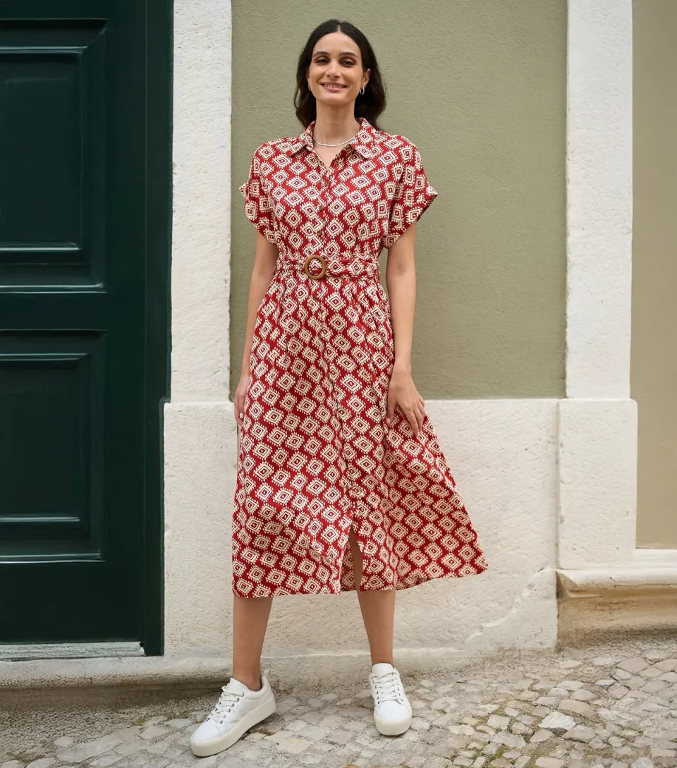Women's Red Geometric Print Shirt Dress