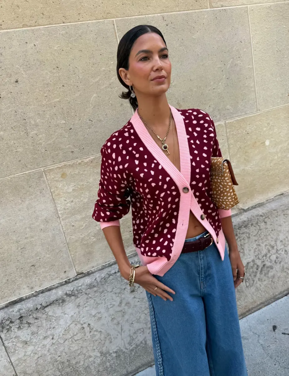 Deer Print V-Neck Cardigan Burgundy Mix