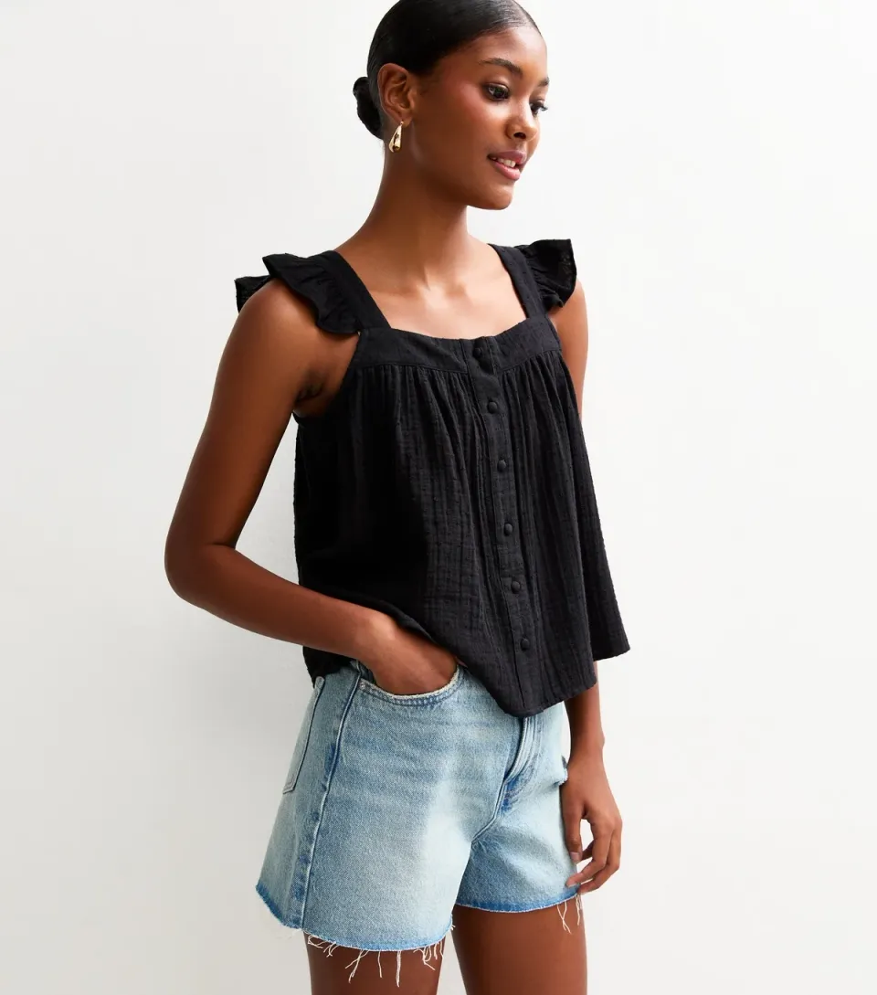 Women's Black Frilly Sleeve Button Up Top